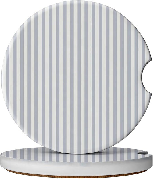 2 Pack Car Coasters for Cup Holders, Absorbent Ceramic Cup Coaster with Cork Base and Finger Notch, Cute Car Accessories Interior for Women Men (Gray Stripes)