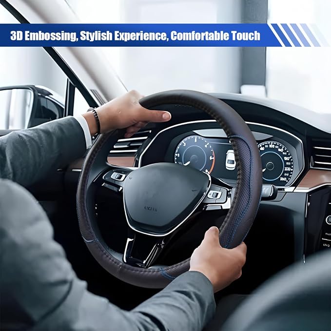 15Inch Leather Car Steering Wheel Cover for SUV, Truck, BlackBlue | Anti-Slip Breathable Automotive Steering Wheel Protector, Universal Heat Resistant Vehicle Interior Accessories