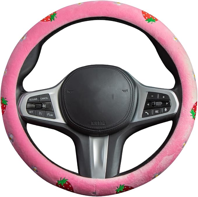 Embroidered Daisies Strawberry Cute Pink Steering Wheel Cover, Auto Anti-Slip Breathable Steering Wheel Protector, Floral Strawberry Car Accessories for Women,Universal Size Fit Most Cars -15 inch