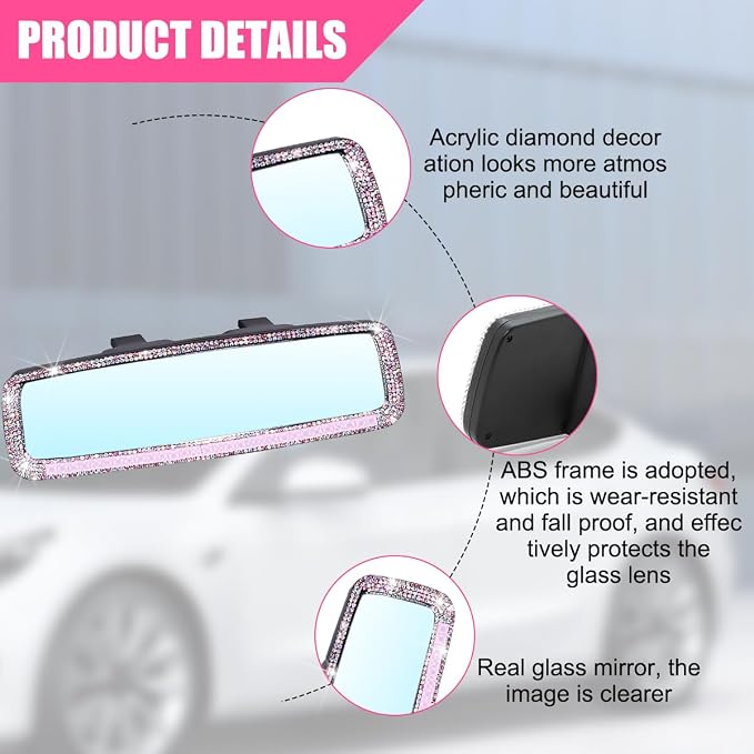 Bling Car Rear View Mirror, Rhinestones Crystal Clip-on Rearview Mirror with HD Glass, Compatible with Most Cars, SUVs, Vehicles, Auto Interior Accessories for Women Girl (Pink)