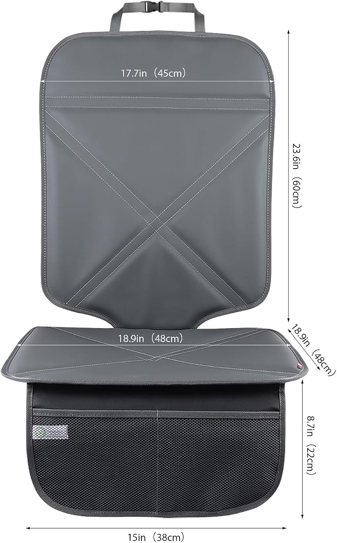 Viaviat Car Seat Protector Leather Waterproof Child Safety Seat Protector Cover with Thick Pad and 2 Large Pockets Durable Kick Mat for All Auto Seat (Deep Gray)