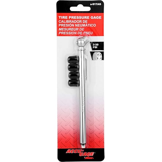 Accu-Gage Pencil Tire Pressure Gauge (2-20 PSI) Heavy Duty Stainless Steel Low Pressure Gauge Single Head Air Chuck wi/Built-in Deflator, 4 Replacement Tire Valve Caps