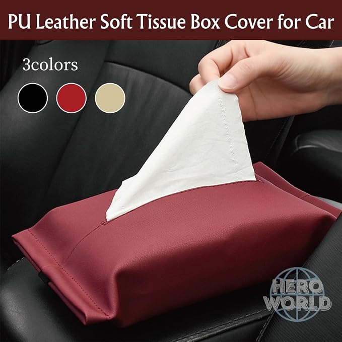 Car Tissue Holder – PU Leather Tissue Case for Console, Sun Visor & Headrest, Fits 10” Soft Pack Tissues (Wine Red)