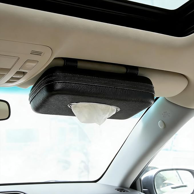 Car Sun Visor Tissue Holder, Leather Stylish Vehicle Visor Backseat Napkin Organizer Box with Zipper, Auto Interior Sunvisor Paper Towel Mask Dispenser Case, Universal for SUV Van RV (Black)