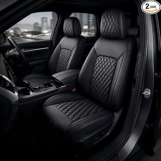 Black Thick Nappa Leather Automotive Front Car Seat Covers Set of 2 | Univerasal Precision Fit,3D Contoured,Waterproof,ThickTexture Nappa Leather,for most Suvs Trucks Sedans