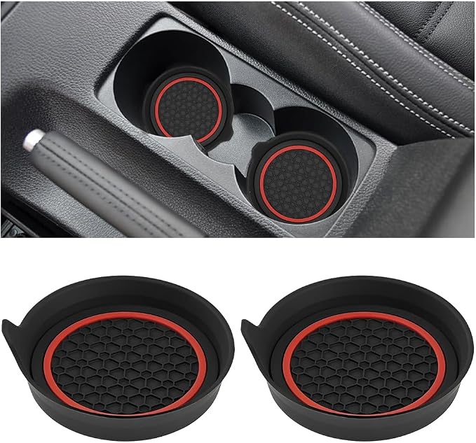 HZEL Car Cup Holder Coasters, 2PCS Non Slip Waterproof Vehicle Water Bottle Pads, Recessed Automotive Drink Mat Decoration Accessories, Universal Fit (Red/Black)