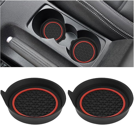 HZEL Car Cup Holder Coasters, 2PCS Non Slip Waterproof Vehicle Water Bottle Pads, Recessed Automotive Drink Mat Decoration Accessories, Universal Fit (Red/Black)