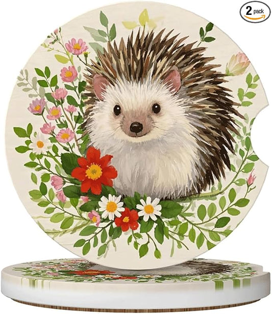 Ceramic Car Cup Coasters 2PCS - Hedgehog | with Cork Back & Finger Slot, Anti-Slip Shock Absorbing, Universal Car Interior Accessories for Men Women