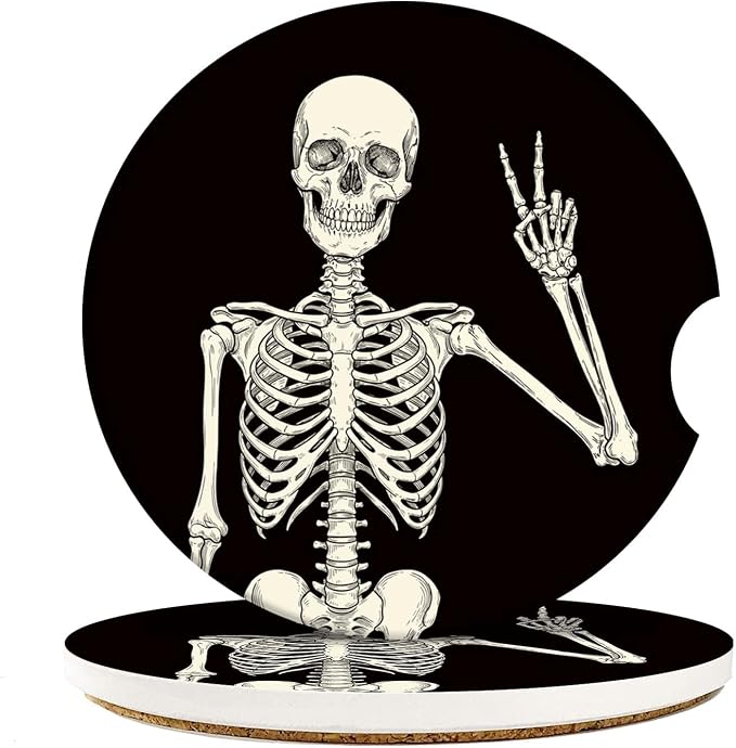 Britimes Absorbent Car Coasters 2 Pack for Cup Holders, 2.56" Ceramic Stone & Non-Scratch Cork Base Drink Coasters Human Skeleton