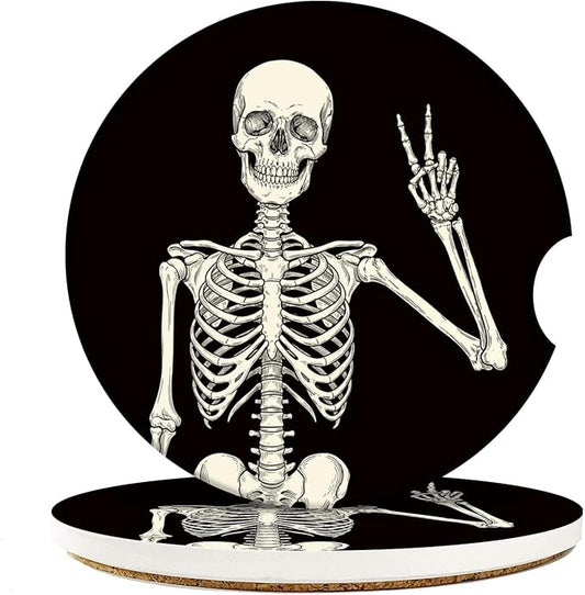 Britimes Absorbent Car Coasters 2 Pack for Cup Holders, 2.56" Ceramic Stone & Non-Scratch Cork Base Drink Coasters Human Skeleton