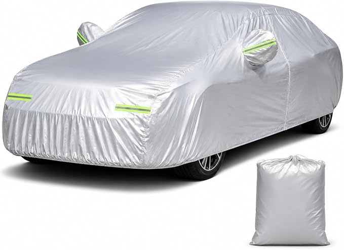 GXARTS 5-Layer Heavy Duty Car Cover for Sedans (185"L x 74"W x 60"H) | Waterproof Vinyl Outer,All-Weather Outdoor Indoor | Windproof Straps, Mirror Pockets, Door Zipper | UV Snow Rain Dust Protection