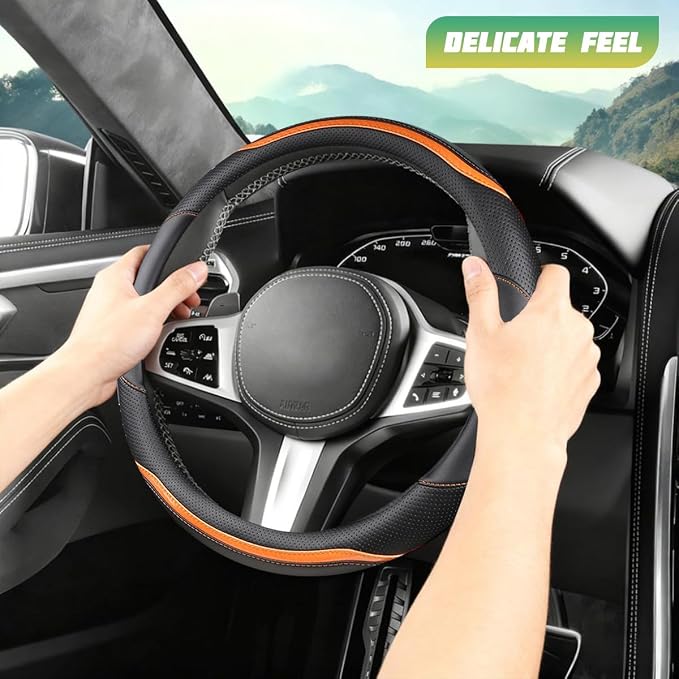 Car Steering Wheel Cover, Carbon Fiber Breathable Vehicle Steering Wheel Cover Wrap with Anti-Slip Lining, Automotive Interior Decorative Accessories, Universal for SUV RV Truck (Orange)
