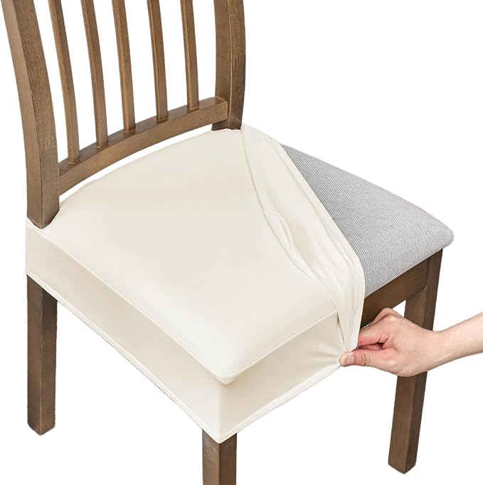 NILUOH Waterproof Seat Covers for Dining Room Chairs Set of 6, Pu Leather Chair Seat Slipcovers Dining Chair Cover Removable Washable Chair Protctor Cover, Rear Covers (PU-Light Beige)
