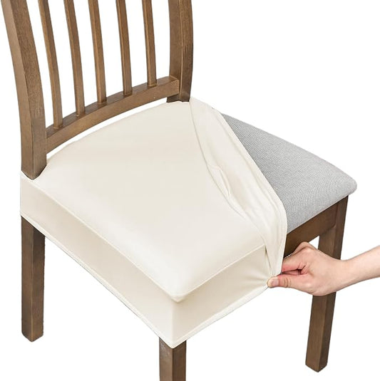 NILUOH Waterproof Seat Covers for Dining Room Chairs Set of 6, Pu Leather Chair Seat Slipcovers Dining Chair Cover Removable Washable Chair Protctor Cover, Rear Covers (PU-Light Beige)