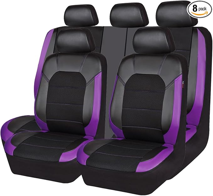 CAR PASS Leather Seat Covers, Breathable Universal Car Seat Cover Full Set for Cute Women Girly,Super 5mm Composite Sponge Inside,Airbag Compatible fits Most Auto,SUVs,Trucks,Vans(Black&Purple)