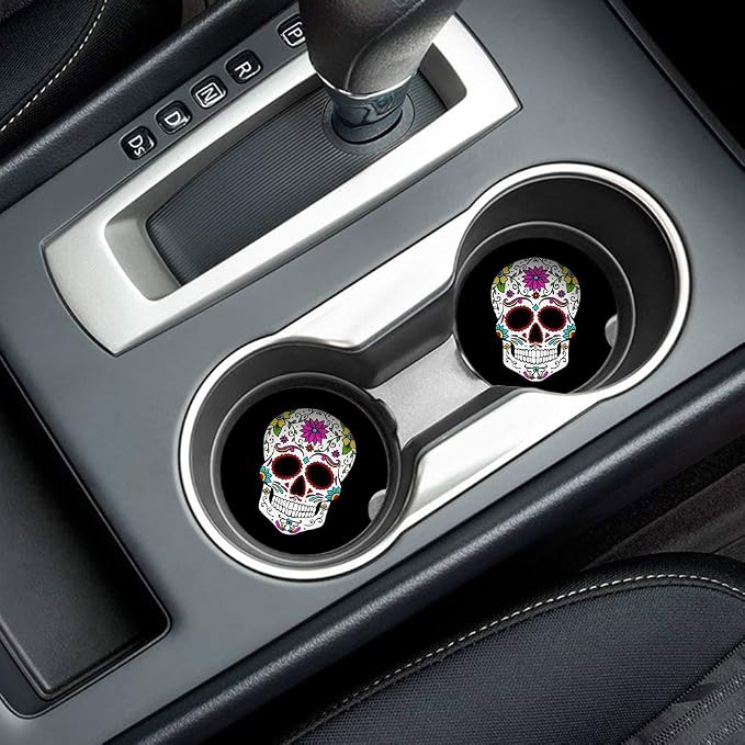 Britimes Absorbent Car Coasters 2 Pack for Cup Holders, 2.56" Ceramic Stone & Non-Scratch Cork Base Drink Coasters Sugar Skull