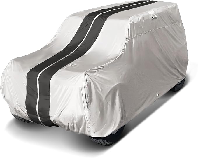 iCarCover Premium Heavy Duty SUV Car Cover - Waterproof All Weather Rain Snow UV Protection, CJ-5, Wrangler, FJ40, Tracker 2-Door, Sidekick 2-Door, Size S56 (See Size Chart), Stripe - Light Gray/Black