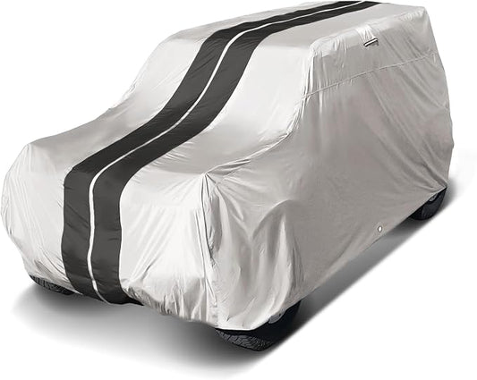 iCarCover Premium Plus SUV Car Cover Waterproof All Weather Rain Snow UV Protection, CJ-5, Wrangler, FJ40, Tracker 2-Door, Sidekick 2-Door, Samurai, Size S56 (See Size Chart) Stripe - Light Gray/Black