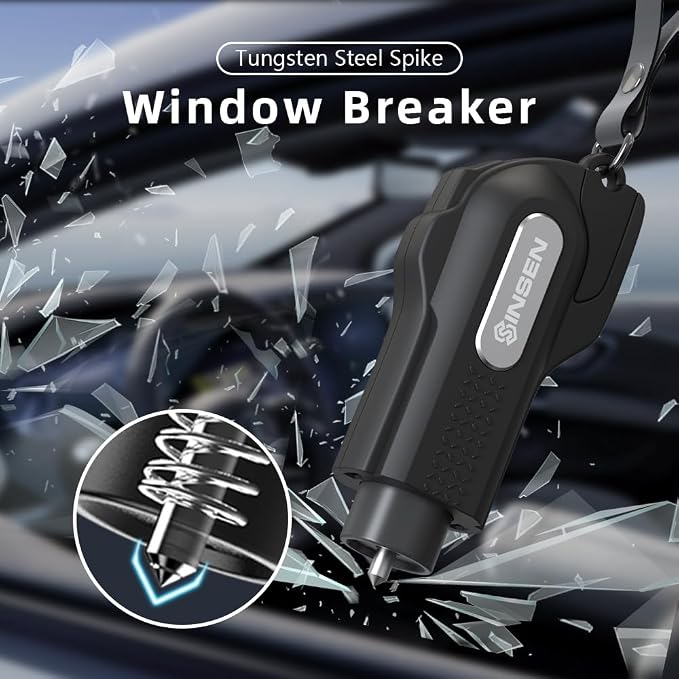 SINSEN Car Safety Hammer, 2-Pack Window Glass Breaker & Seatbelt Cutter, Emergency Keychain, Automotive Escape Kit and Survival Tool for Land/Underwater, Black