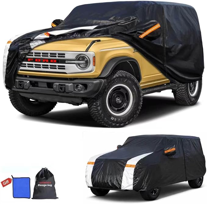 Multi-Layer Car Cover Custom Fit for Ford Bronco 4dr(2020-2026), 100% Waterproof All Weather for Automobiles, Gift with Towel, Heavy Duty Car Covers for Rain Sun UV Protection with Door Zipper
