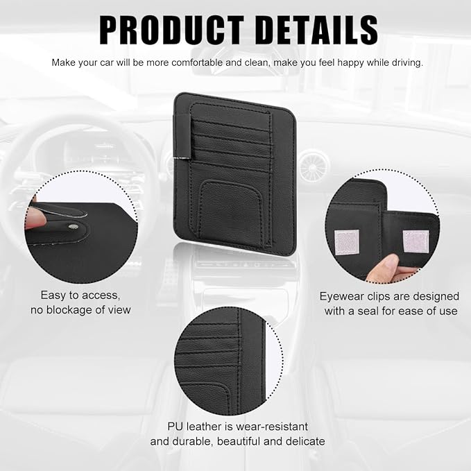 povtii Car Sun Visor Organizer, Waterproof Leather Car Sun Visor Storage Clip, Multifunctional Vehicle Sun Visor Folder with Sunglasses Clip, Universal Interior Car Accessories (Black)
