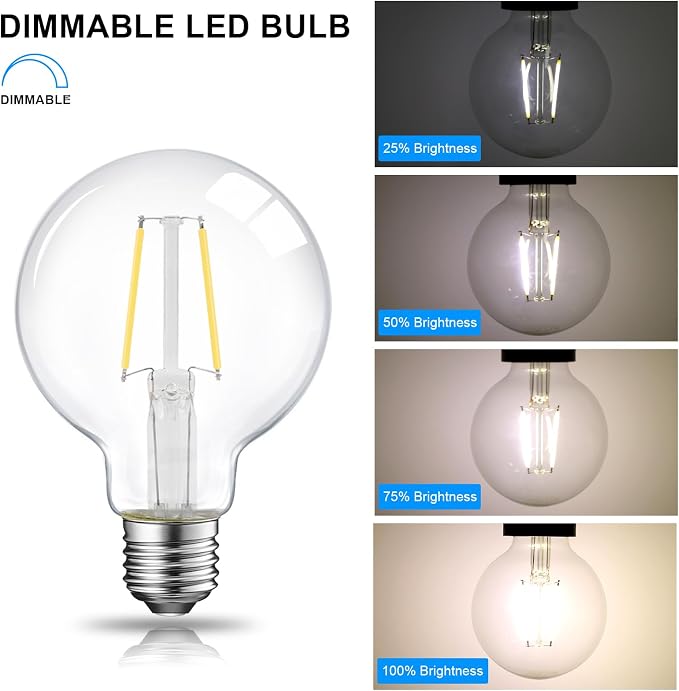 E ENERGETIC LIGHTING Dimmable LED Edison Light Bulb, G25 (G80) 500LM Globe Bulb, 60W Equivalent, 4000K Cool White, Christmas Light, E26 Standard Base, ETL Listed, 6-Pack