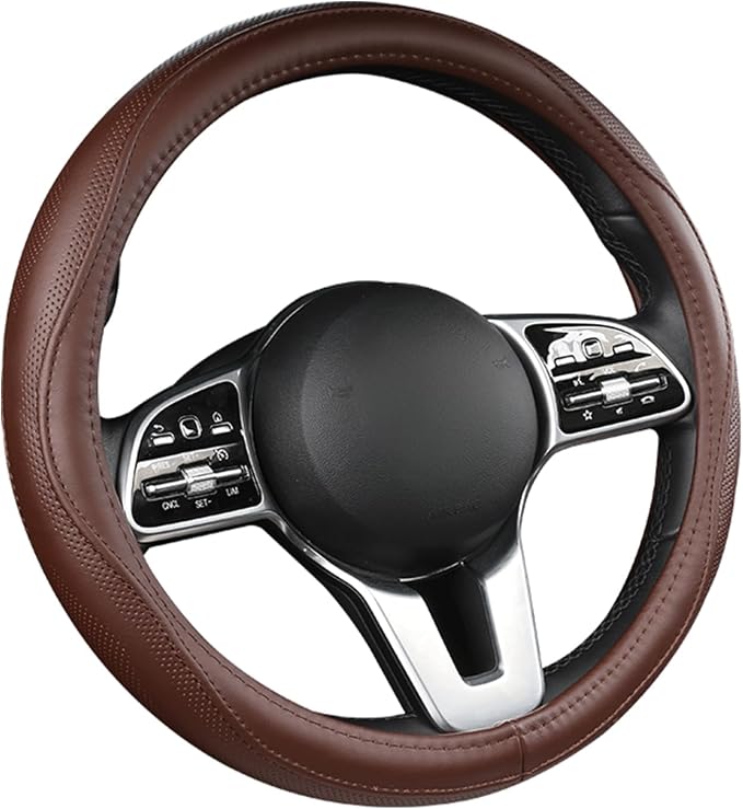 Genuine Leather Steering Wheel Cover, Real Cowhide for 14.5-16 Inch Steering Wheels, Universal Fit for Cars and Trucks (Brown, 16inch)