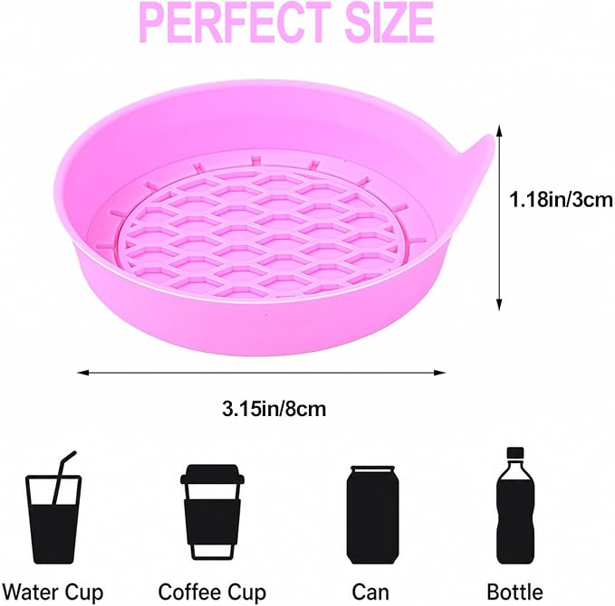 4 Pack Car Cup Holder Coaster, 3.15 Inch Non-Slip Silicone, Pink | Cup holder insert, spill proof ,raised lip, honeycomb base, rinse clean, fits most sedans suvs trucks, automotive accessories