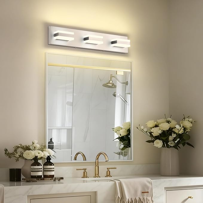 SOLFART Vanity Lighting Over Mirror, 3 Lights Brushed Nickel Bathroom Light, Modern LED Light Fixtures, 5 Color Temperature Adjustable Modern Light for Bathroom ETL Listed