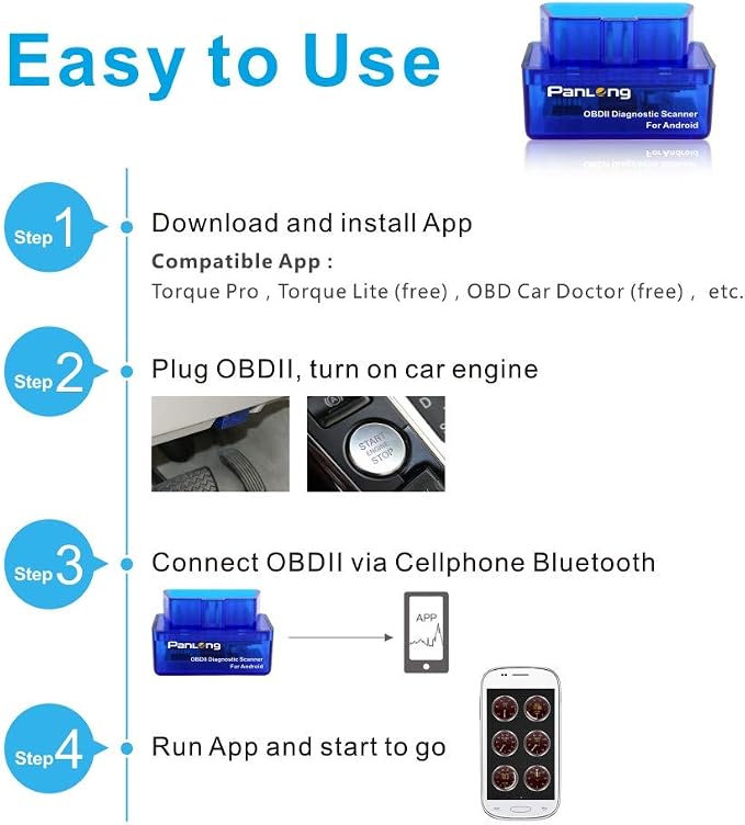 Panlong OBD2 Scanner Bluetooth OBDII Diagnostic Tool Car Code Reader Turn Off Check Engine Light Support Android