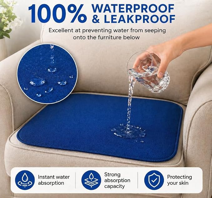 Flux Troy Technologies - Waterproof Chair Pads for Incontinence - 4 Pack | For Wheelchair, Furniture, Bed, Car, Kids & Pets - Absorbent & Non-Slip - Reusable & Washable - Made in USA - 22” x 21” -Blue