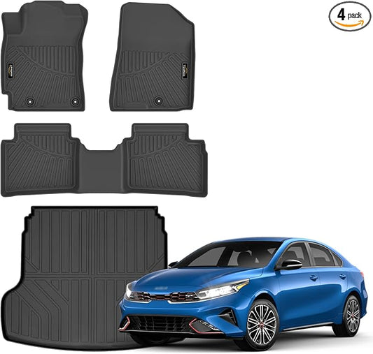 Floor Mats Custom for Kia Forte 2019-2024 Sedan | All Weather TPE Rubber Floor Liners, Cargo Liner Full Set for Forte Accessories, Black