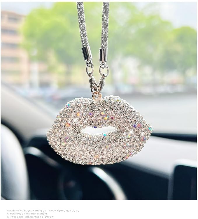 Bling White Lip Diamond Car Accessories for Women, Crystal Car Rear View Mirror Charms Car Decor Valentine's Gifts Lucky Hanging Interior Ornament Pendant (White)