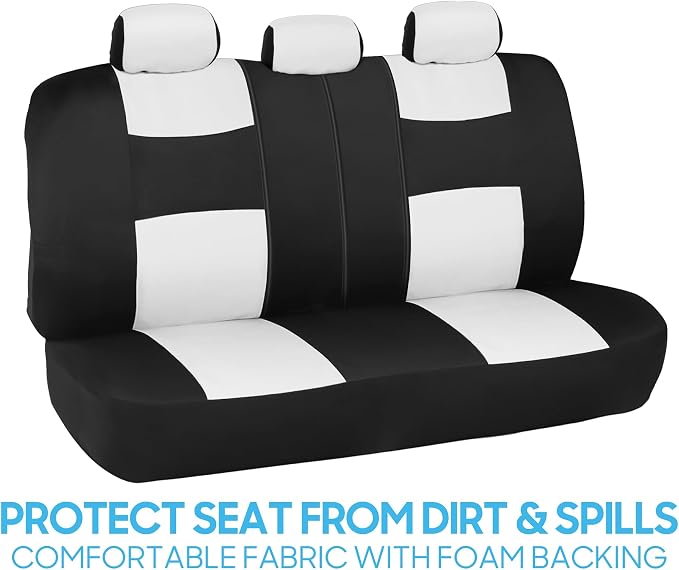 BDK PolyPro Car Seat Covers Full Set in White on Black, Front and Rear Split Bench Seat Covers for Cars, Easy to Install Car Seats Cover Set and Accessories for Auto Trucks Van SUV - White