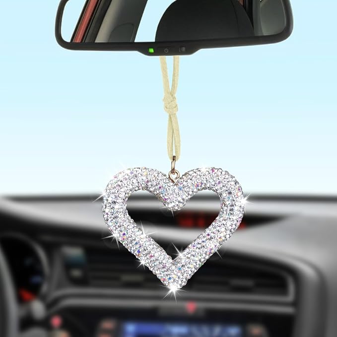 Bling Heart Car Hanging Accessories, Car Accessories for Women, Bling Rear View Mirror, Universal Bling Heart Diamond Car Accessories for Cars, Trucks, SUVs (Silver)
