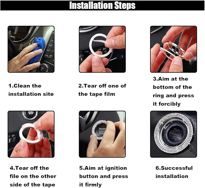 Car Bling Crystal Rhinestone Engine Start Decoration Ring, Start Button Cover Sticker Key Ignition & Knob Decoration, Bling Car Interior Accessories for Women (White)