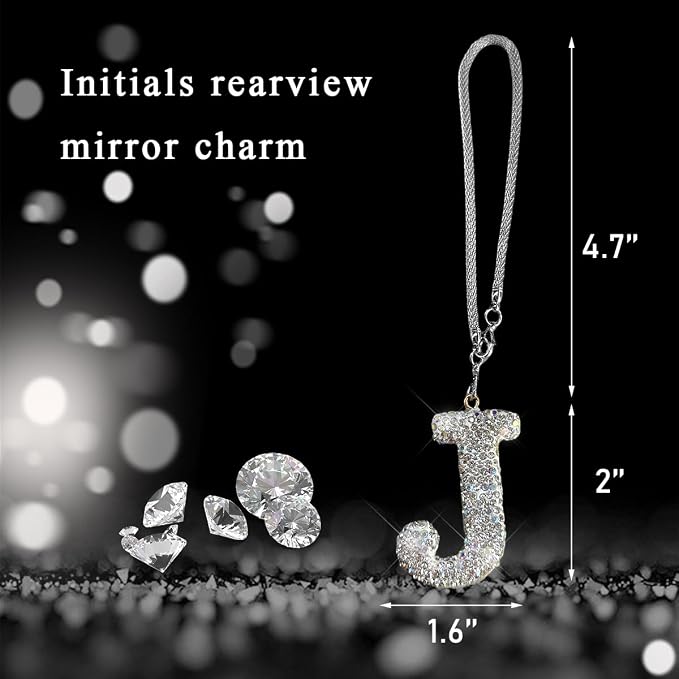 DXNQ Bling Initial Car Rear View Mirror Ornament, Crystal Sparkling Cute Letter Charm Pendant Auto Decor, Hanging Lucky Diamond Initial Charm Car Mirror Bag Ornament for Girl Women (Letter J)