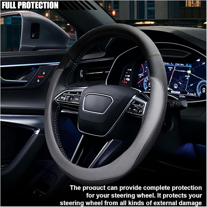 LAINLOY 15" Car Steering Wheel Cover, Microfiber Leather Cover, Grey | Anti-Slip Breathable Steering Wheel Decoration, Universal Steering Wheel Accessories for Diverse Cars