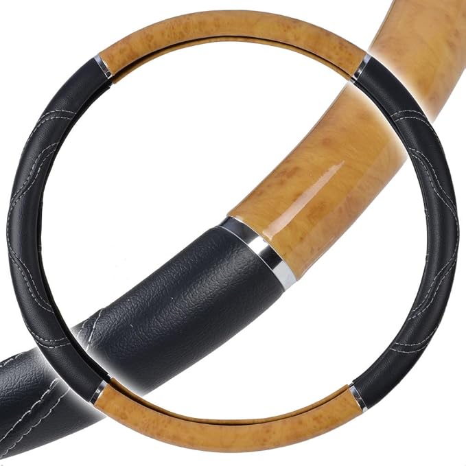 BDK Motor Trend Ergonomic Heavy Duty Large Steering Wheel Cover for Trucks Big Rigs Bus 18" Inch Large Steering Wheel, Light Wood with Black Leather Grip, Improve Grip Anti-Fatigue for Long Drives