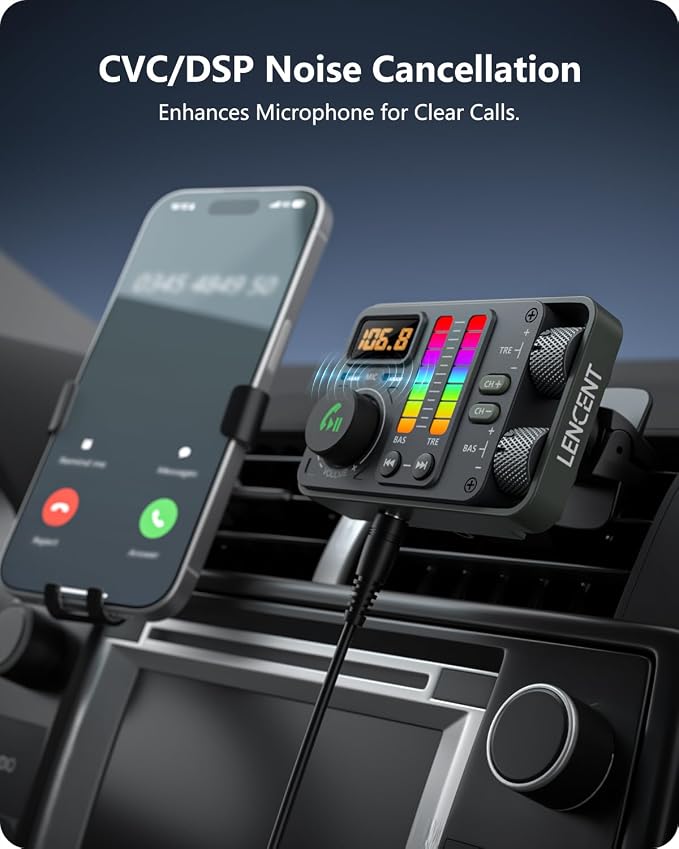 LENCENT Bluetooth Car Adapter, Bluetooth 5.3 FM Radio Transmitter | Hi-Fi Treble & Bass Music Player, PD20W and QC18W Fast Charger, Dual Mics for Hands-Free Call, U Disk/3.5mm AUX