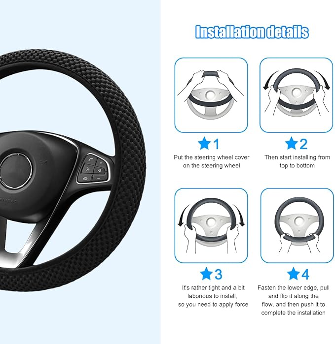 Car Elastic Stretch Steering Wheel Cover, 14.5-15" Breathable Ice Silk Anti-Slip Vehicle Steering Wheel Protector, Comfy Auto Interior Protection Accessories, Universal Fit (Black)