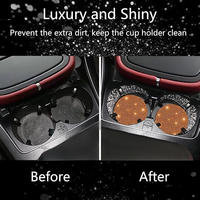 NBTEPEM 2pcs Bling Car Cup Holder Coaster, 2.75 inch Anti-Slip Shockproof Universal Fashion Car Coasters Insert Bling Crystal Rhinestone Automotive Interior Accessories for Women (2 pcs, Orange)