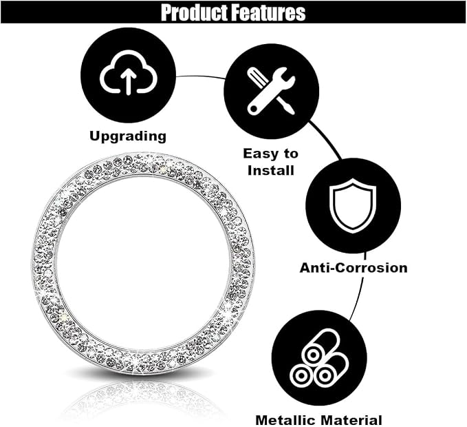 Car Bling Crystal Rhinestone Engine Start Decoration Ring, Start Button Cover Sticker Key Ignition & Knob Decoration, Bling Car Interior Accessories for Women (White)