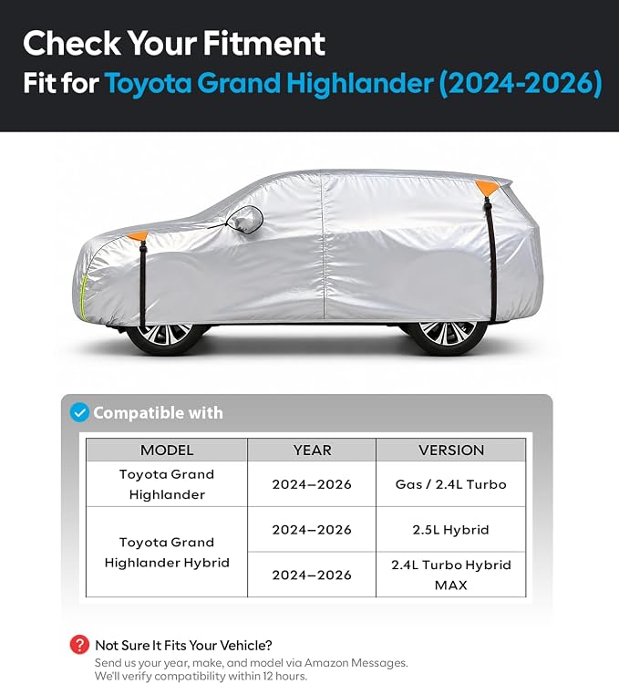 Wigoo Toyota Grand Highlander Car Cover Accessories 2024-2026, Custom Fit Waterproof All Weather Outdoor Indoor Full SUV Cover, Windproof Sun UV Rain Snow Dust Protection, Door Zipper