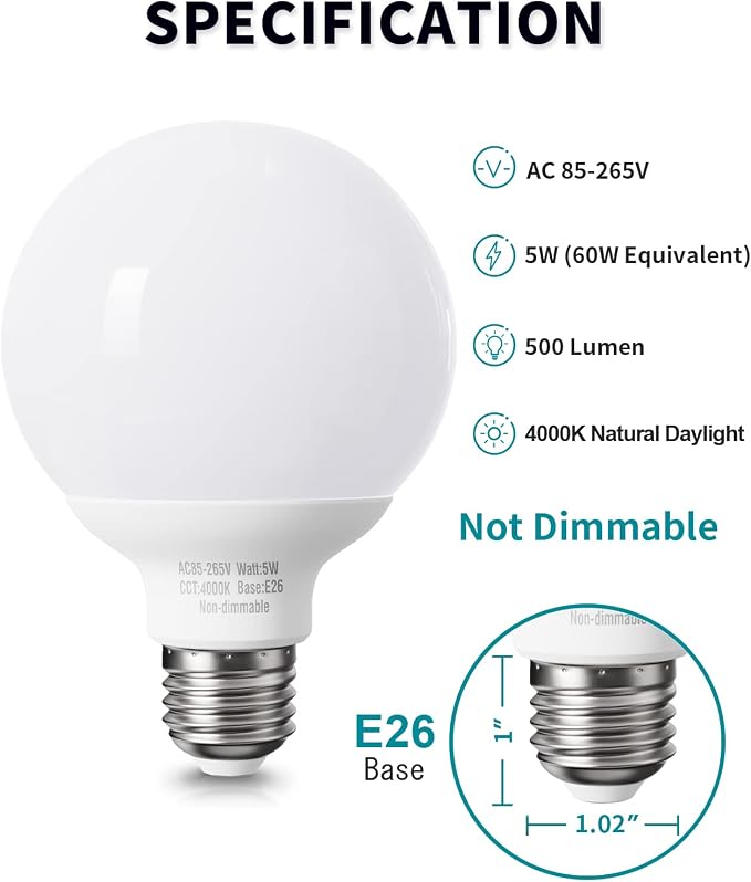 8 Pack LED Globe Light Bulbs for Bathroom, 120V 60 watt Equivalent, Natural Daylight 4000K, E26 Medium Base, Non-Dimmable Vanity Light Bulbs Round, Bright G25 LED Bulb Over Mirror