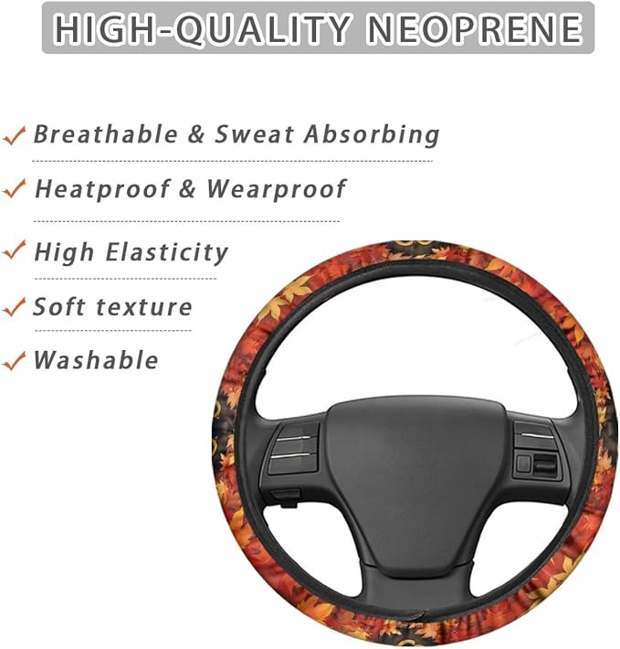 AFPANQZ Maple Leaf Car Steering Wheel Cover Sweat Absorption Safe Driving | Fall Decor, Universal 14-15 inch Stretch-on Fabric, Keep Safe Steering Wheel Protector for Women