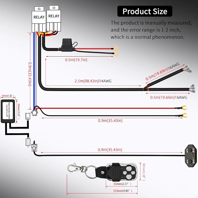 Double Color/High Low Beam 2 Lead Wiring Harness Kit with Remote Control DC12V 40A LED Lights Wiring Harness Switch Relay 14AWG Core Cable Harness fit for Work Lights Driving Lights Bar