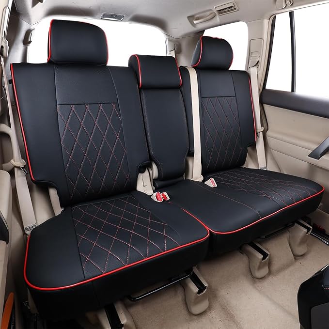 EKR Car Seat Covers Custom Fit for Toyota 4Runner(5 Seats) Full Set | for Toyota 4 Runner 2025-2026 Seat Covers for SUV,Airbag Compatible,Pet-resistant,Faux Leather(Black with Red Piping)