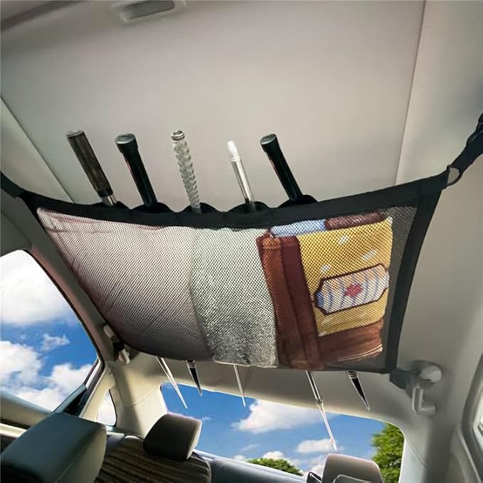 Car Ceiling Cargo Net Pocket, 31"x21" Adjustable Double-Layer Mesh Roof Organizer Long Trip Storage Bag,Truck SUV Travel Long Trip Camping Interior Accessories
