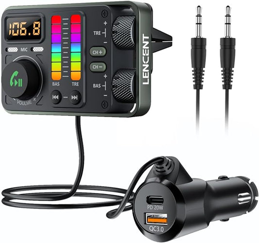 LENCENT Bluetooth Car Adapter, Bluetooth 5.3 FM Radio Transmitter | Hi-Fi Treble & Bass Music Player, PD20W and QC18W Fast Charger, Dual Mics for Hands-Free Call, U Disk/3.5mm AUX
